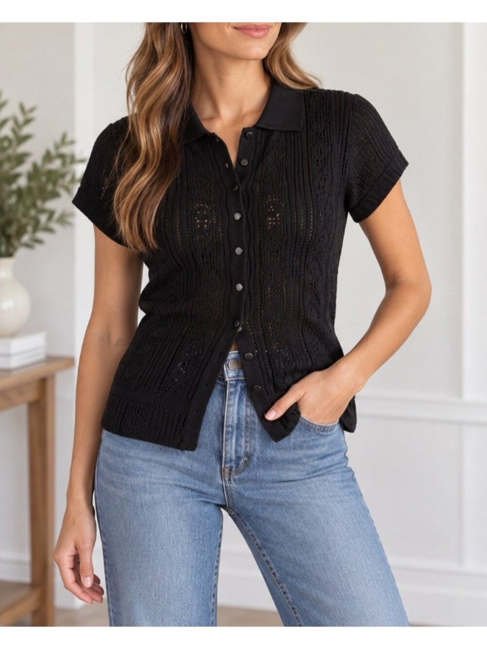 Banana Republic Y2K Black Pointelle Knit Polo Button Front Top